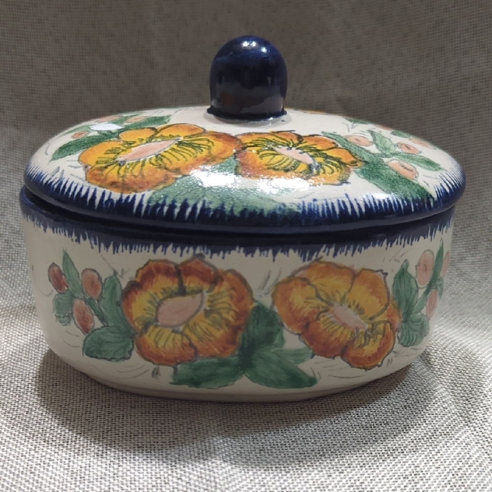 Vintage Tonala Mexican Pottery Blue Bird Dish Folk Art Artisanal Floral Rustic